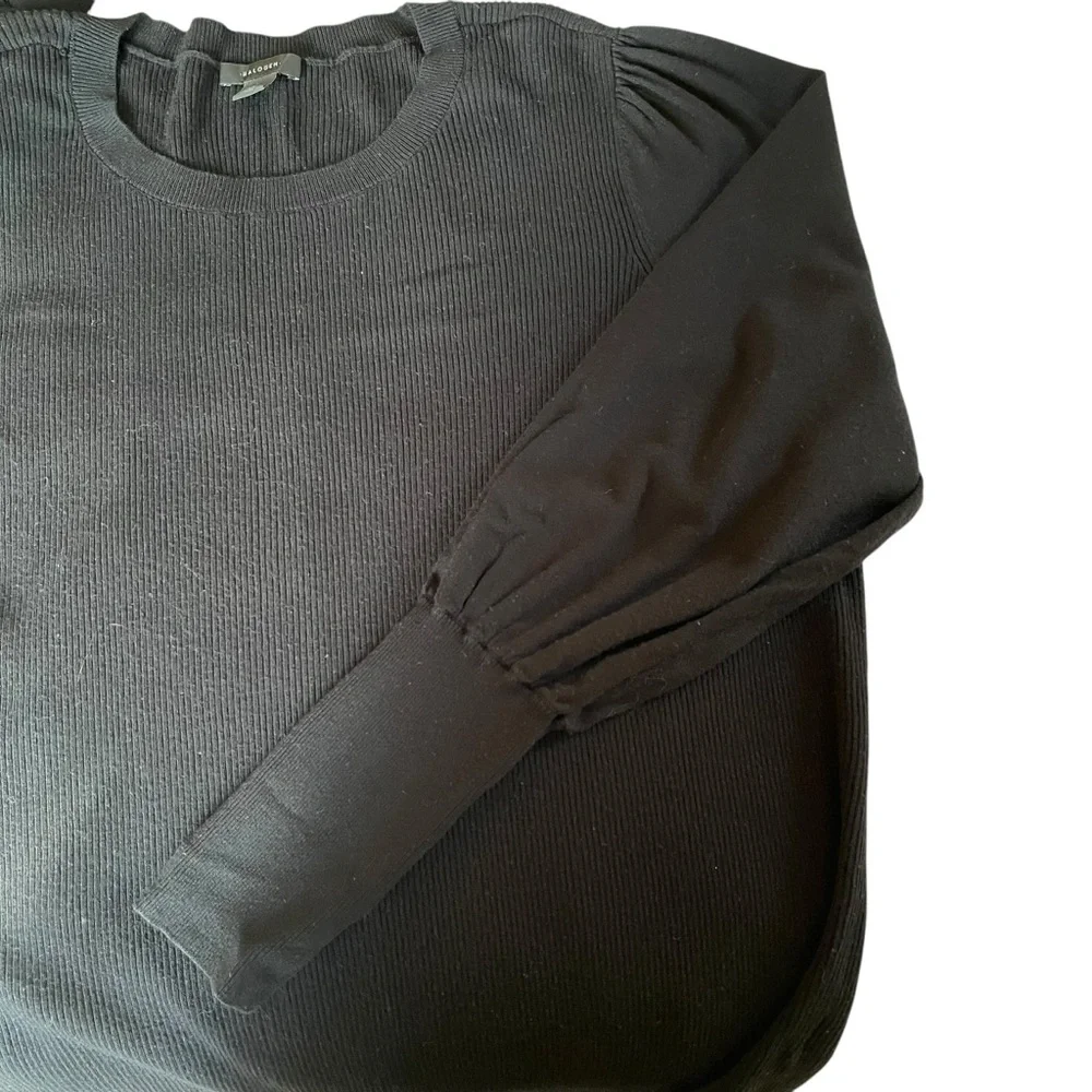 Halogen Black Ribbed Knit Scoop neck Sweater with Long Puffed Sleeves L